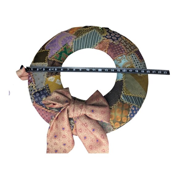 Hand Crafted Wall Hanging Quilt Like Wreath Made of Men's Ties & Scarves 20" - Picture 13 of 15
